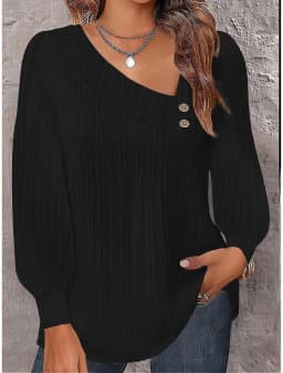 Elegant Asymmetrical V Neck Ribbed Textured Blouse With Decorative Buttons Puff Long Sleeves And Curved Hem For Casual Daily Wea
