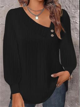 Elegant Asymmetrical V Neck Ribbed Textured Blouse With Decorative Buttons Puff Long Sleeves And Curved Hem For Casual Daily Wea