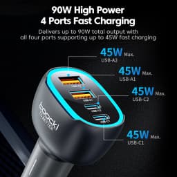 Toocki 90W USB C Car Charger For Phone 4 Ports PD Qi2.2 45W Fast Charging For iPhone 17 16 Pro Samsung S25 S24 Xiaomi LED Light