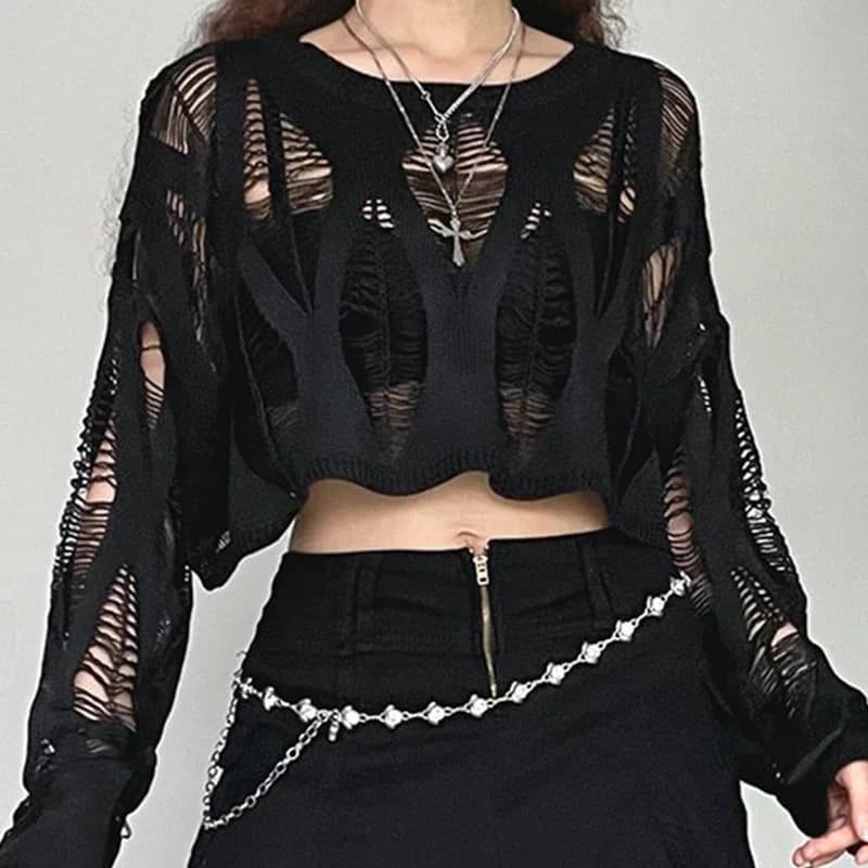 Women Hole Hollow Out Y2K T-shirts Batwing Sleeve Knitted Shirt for Women Punk Loose Streetwear Tops Spring Autumn 2026