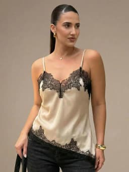 HH Womens Vintage Satin Lace Trim Cami Top Asymmetric Hem V Neck Spaghetti Strap Camisole for Street Style Casual Wear