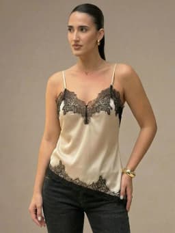 HH Womens Vintage Satin Lace Trim Cami Top Asymmetric Hem V Neck Spaghetti Strap Camisole for Street Style Casual Wear