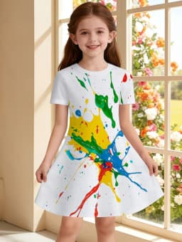 Dress for Girls Tie-Dye Multicolor Graffiti 3D Print Round Neck Colorful Dress Casual Summer Short Sleeve Tops Y2k Girl Clothes