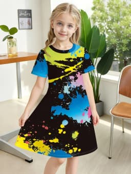 Dress for Girls Tie-Dye Multicolor Graffiti 3D Print Round Neck Colorful Dress Casual Summer Short Sleeve Tops Y2k Girl Clothes