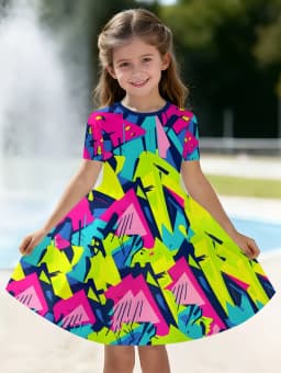 Dress for Girls Tie-Dye Multicolor Graffiti 3D Print Round Neck Colorful Dress Casual Summer Short Sleeve Tops Y2k Girl Clothes