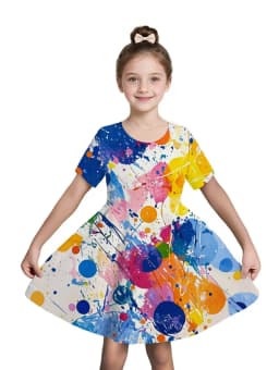 Dress for Girls Tie-Dye Multicolor Graffiti 3D Print Round Neck Colorful Dress Casual Summer Short Sleeve Tops Y2k Girl Clothes
