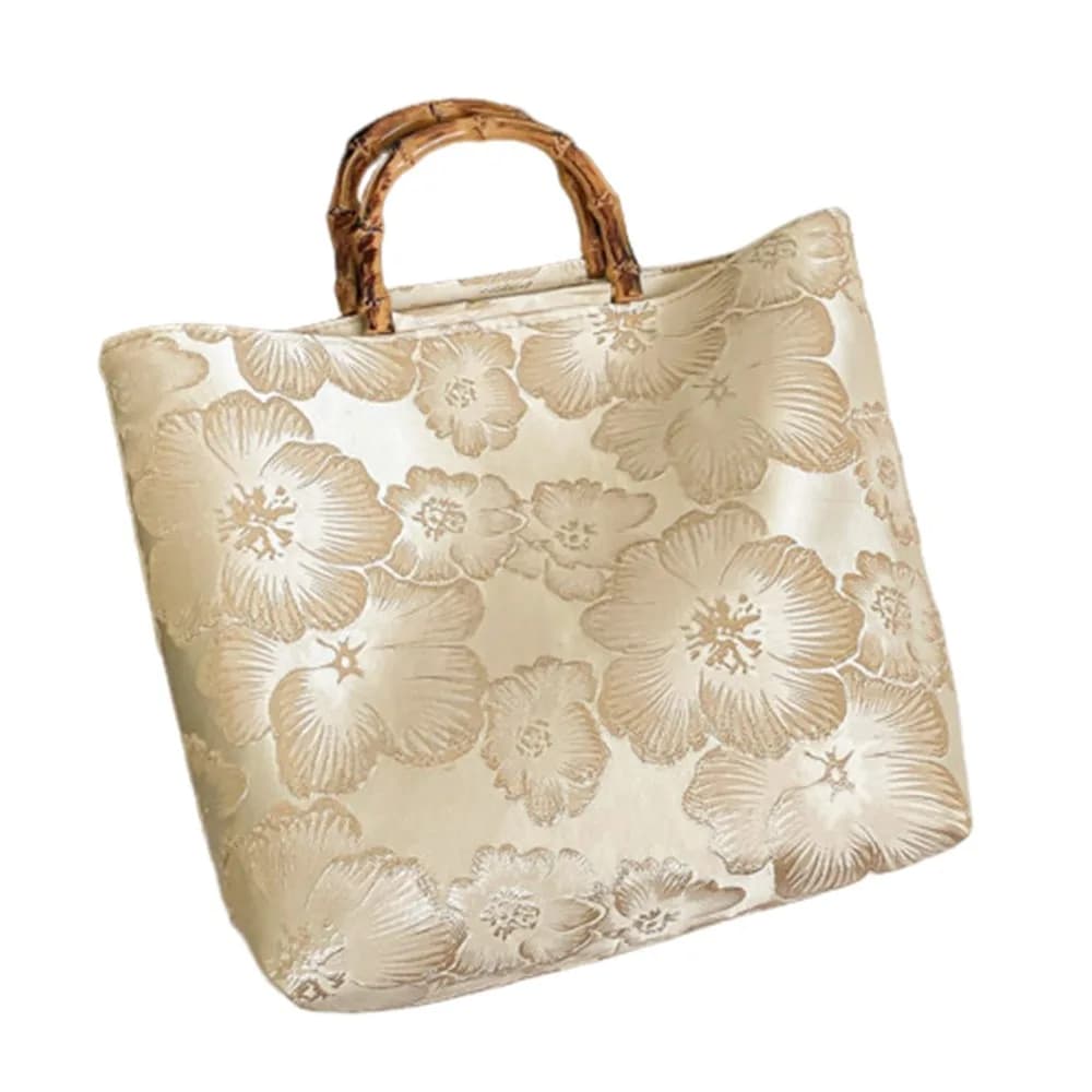 Bamboo Joint Canvas Tote Bag Zipper Closure Large Capacity Jacquard Handbag Embroidered Design Flower Pattern Evening Bag