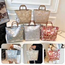 Bamboo Joint Canvas Tote Bag Zipper Closure Large Capacity Jacquard Handbag Embroidered Design Flower Pattern Evening Bag