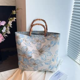 Bamboo Joint Canvas Tote Bag Zipper Closure Large Capacity Jacquard Handbag Embroidered Design Flower Pattern Evening Bag