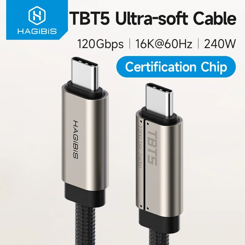 Hagibis TBT5 Cable Super Soft USB C Cable 120Gbps Bandwidth Boost 240W Charging 16K/8K Video Compatible with Thunderbolt 4