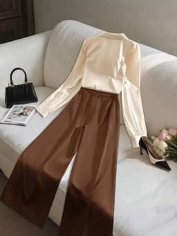 Women's Elegant Commuter Set: Elegant Lapel Long Sleeve Apricot Cardigan Shirt with High-Waisted Casual Brown Pants Two-Piece Se