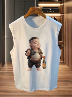 100% Pure Cotton Men's Summer Fashionable Casual Sports Loose Cartoon Teddy Bear Print Breathable Round Neck Sleeveless Vest