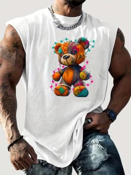 100% Pure Cotton Men's Summer Fashionable Casual Sports Loose Cartoon Teddy Bear Print Breathable Round Neck Sleeveless Vest