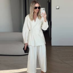 Elegant Wrap Front Solid Color Two Piece Set Women V Neck Long Sleeve Blouse High Waist Wide Leg Pants 2026 Office Casual Outfit