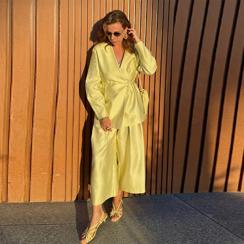 Elegant Wrap Front Solid Color Two Piece Set Women V Neck Long Sleeve Blouse High Waist Wide Leg Pants 2026 Office Casual Outfit