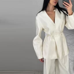 Elegant Wrap Front Solid Color Two Piece Set Women V Neck Long Sleeve Blouse High Waist Wide Leg Pants 2026 Office Casual Outfit