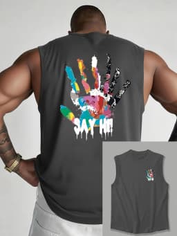 100% Pure Cotton Men's Summer Fashion Casual Sports Loose Color Handprint Breathable Round Neck Sleeveless Vest