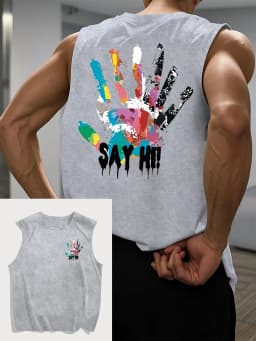 100% Pure Cotton Men's Summer Fashion Casual Sports Loose Color Handprint Breathable Round Neck Sleeveless Vest