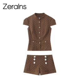 ZERAINS European and American style 2026 summer new women's short sleeved round neck polka dot versatile top and shorts set