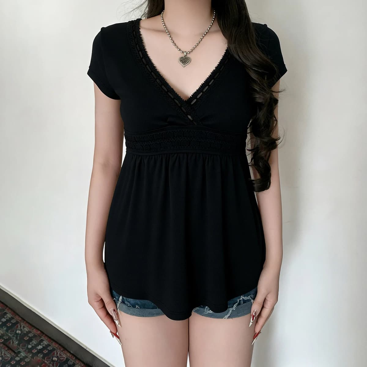 SUCHCUTE  Black Lace Patchwork V-neck Short Sleeve Tees for Women All Match Solid Basic Tops Summer Outfits Y2k T-shirt Casual