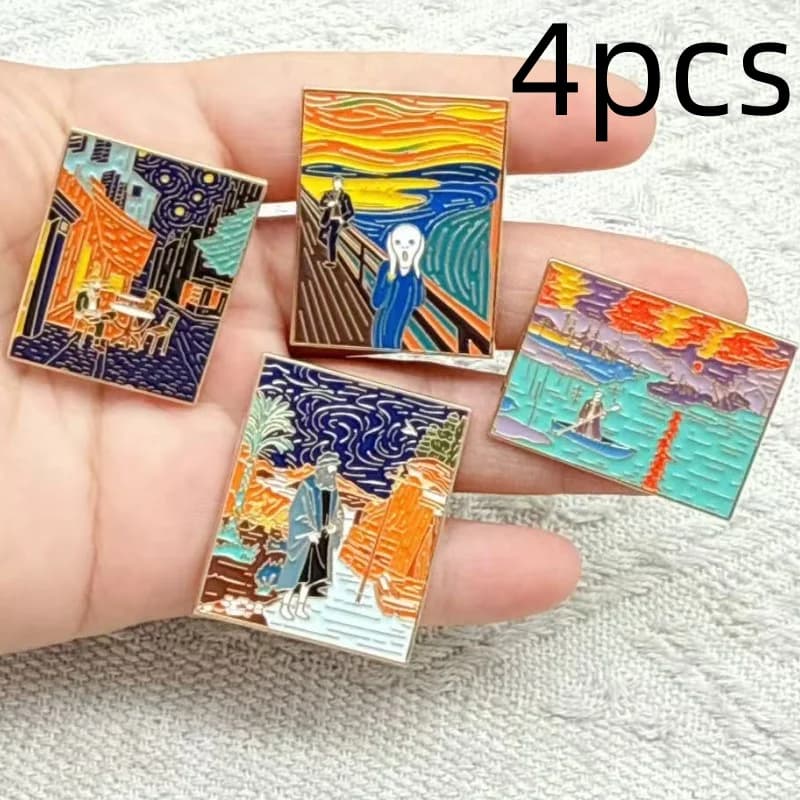 4pcs Oil Painting Enamel Lapel Badges Van Gogh Art Brooch Sky Moon Wave Creative Metal Pin Jewelry Gift Backpack Accessories