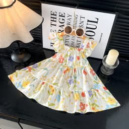 2026 Summer Girls Flutter Sleeve Dress Kids Printed Tiered Princess Dresses for 1-12Y Children Vacation Clothes