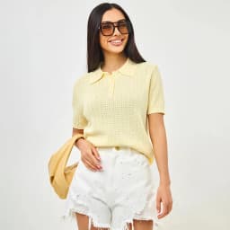 Hollow Knitted T shirt Woman 2026 Summer New Short Sleeve Casual Loose Lapel Ins Hot Tops Lady Sweater T shirt Solid Knit Blouse