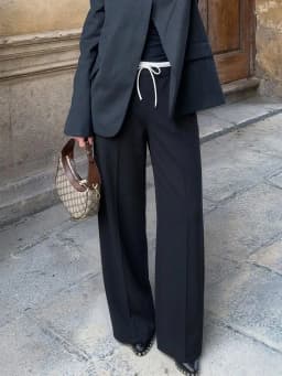 HH Womens Versatile Soft Black Wide Leg Pants Contrast Waistband Drawstring Pleated for Daily Casual Date Outings