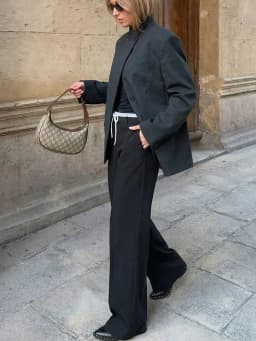 HH Womens Versatile Soft Black Wide Leg Pants Contrast Waistband Drawstring Pleated for Daily Casual Date Outings