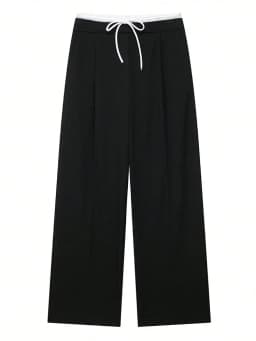 HH Womens Versatile Soft Black Wide Leg Pants Contrast Waistband Drawstring Pleated for Daily Casual Date Outings