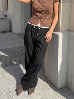 HH Womens Versatile Soft Black Wide Leg Pants Contrast Waistband Drawstring Pleated for Daily Casual Date Outings
