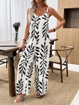 Summer fashion new women's elegant V-neck tropical leaf print wide leg suspender jumpsuit pants
