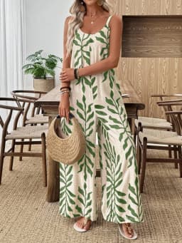 Summer fashion new women's elegant V-neck tropical leaf print wide leg suspender jumpsuit pants