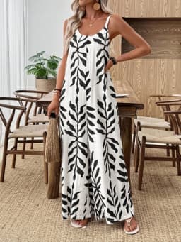 Summer fashion new women's elegant V-neck tropical leaf print wide leg suspender jumpsuit pants