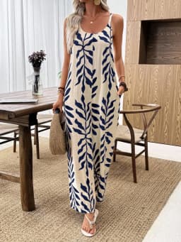 Summer fashion new women's elegant V-neck tropical leaf print wide leg suspender jumpsuit pants