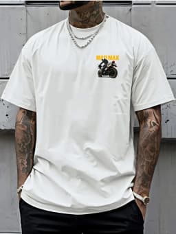 Men's T-shirt with A Simple Mini Print on The Front and MAD MAX Hardcore Biker Art on The Back Suitable for Daily Casual Wear