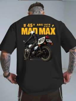 Men's T-shirt with A Simple Mini Print on The Front and MAD MAX Hardcore Biker Art on The Back Suitable for Daily Casual Wear