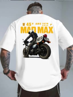 Men's T-shirt with A Simple Mini Print on The Front and MAD MAX Hardcore Biker Art on The Back Suitable for Daily Casual Wear