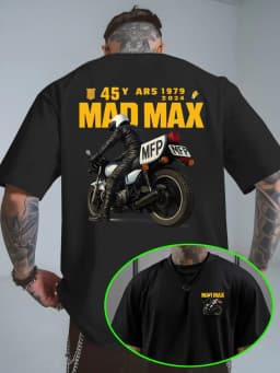 Men's T-shirt with A Simple Mini Print on The Front and MAD MAX Hardcore Biker Art on The Back Suitable for Daily Casual Wear