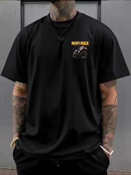 Men's T-shirt with A Simple Mini Print on The Front and MAD MAX Hardcore Biker Art on The Back Suitable for Daily Casual Wear