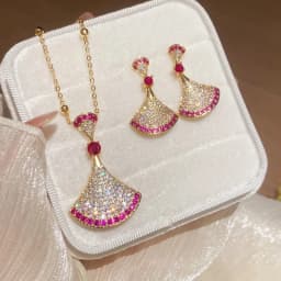 Dainty Double Color CZ Cubic Zircon Sector Fan Shaped Jewelry Sets for Women 18K Real Gold Plated Copper Necklace Earrings