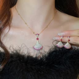 Dainty Double Color CZ Cubic Zircon Sector Fan Shaped Jewelry Sets for Women 18K Real Gold Plated Copper Necklace Earrings