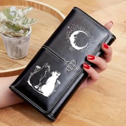 Gothic Moon Black White Cat Leather Wallet Luxury Long Purses for Cards Holder Wallets with Zip Coin Pocket Ladies Handbags