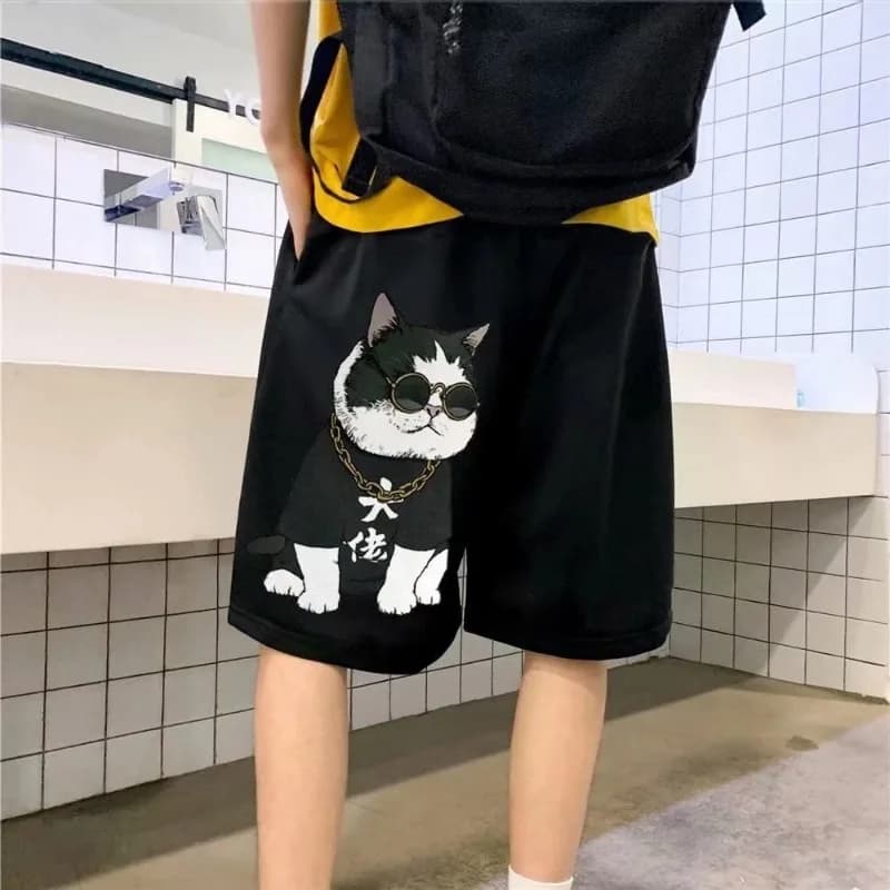 【 M-8XL 】2026 Cute Cat Print Men Shorts Elastic Waist Drawstring Loose Casual Summer Shorts