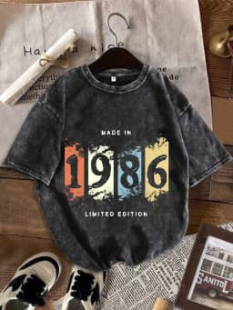 Retro Number 1986 Print Fashion Short-Sleeved T-Shirt Casual Retro Washed Short-Sleeved T-Shirt Top Round Neck Fashion Clothing