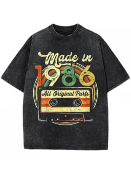 Retro Number 1986 Print Fashion Short-Sleeved T-Shirt Casual Retro Washed Short-Sleeved T-Shirt Top Round Neck Fashion Clothing