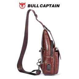 BULLCAPTAIN Genuine Leather Sling Backpack for Men USB Charging Chest Bag Crossbody Shoulder Bag Casual Daypack for Work Travel