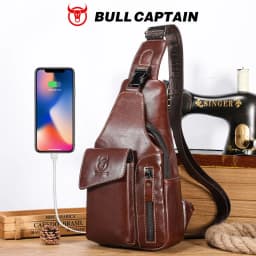 BULLCAPTAIN Genuine Leather Sling Backpack for Men USB Charging Chest Bag Crossbody Shoulder Bag Casual Daypack for Work Travel
