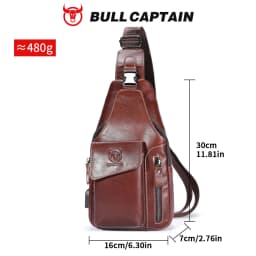 BULLCAPTAIN Genuine Leather Sling Backpack for Men USB Charging Chest Bag Crossbody Shoulder Bag Casual Daypack for Work Travel