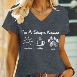 Woman T-shirts I Am A Simple Woman with Letters Sunshine Coffee Dog Pattern T-shirt Fun Cute Retro Design V-neck T-shirts